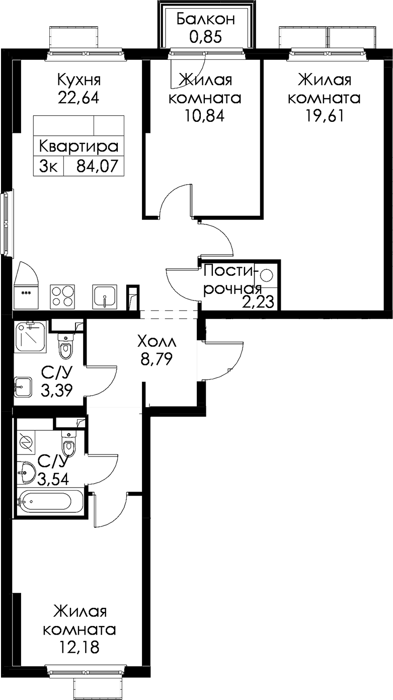 3-комнатная квартира 84.07 м², 5/15 эт., ЖК «Янинский лес»